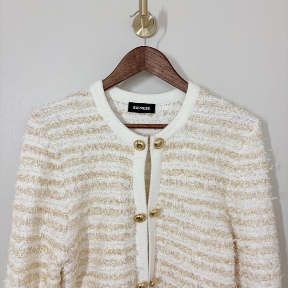 Express Womens M Lady Jacket Cream Gold Tweed Knit Cardigan Old Money Classic - Picture 4 of 13